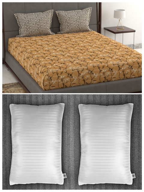 

Trident Set of 120 TC Double Queen Bedsheet with 2 Pillow Covers and 2 Striped Pillows, Orange