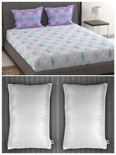 

Trident Set of 144 TC Double Queen Bedsheet with 2 Pillow Covers and 2 Striped Pillows, Purple