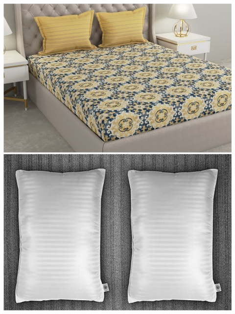 

Trident Unisex Blue Floral Printed 144 TC Queen Bedsheet Set With 2 Pillows