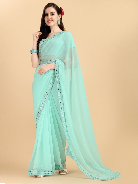 

Sangria Women Blue Embellished Mirror Work Saree