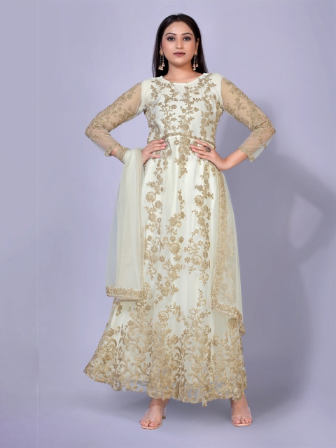 

kasee White & Gold-Toned Floral Net Maxi Dress & With Dupatta