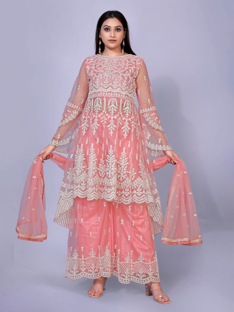 

kasee Peach-Coloured Floral Net Maxi Dress