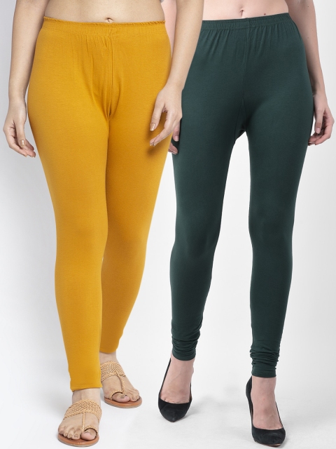 

GRACIT Women Pack Of 2 Solid Ankle-Length Combed Cotton Leggings, Green