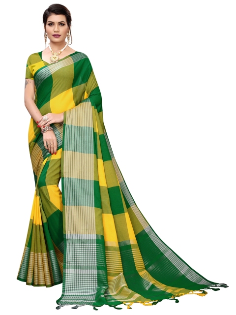 

MOKSHA DESIGNS Yellow & Green Checked Zari Pure Cotton Saree