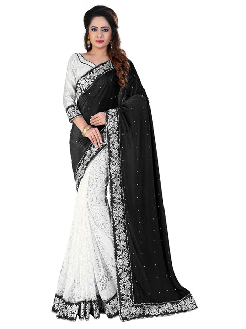 

MOKSHA DESIGNS Black & White Embellished Beads and Stones Velvet Saree