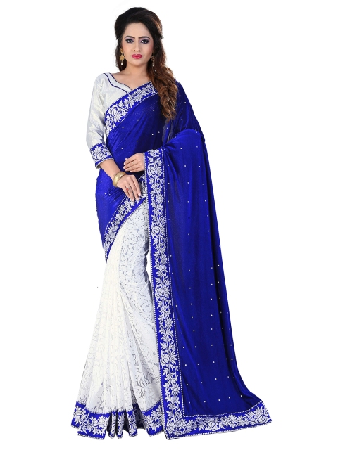 

MOKSHA DESIGNS Blue & White Embellished Velvet Saree