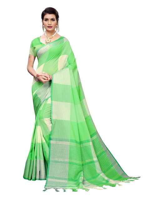 

MOKSHA DESIGNS Green & Beige Checked Zari Pure Cotton Saree