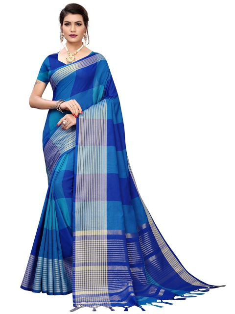 

MOKSHA DESIGNS Blue & Silver-Toned Checked Zari Pure Cotton Saree