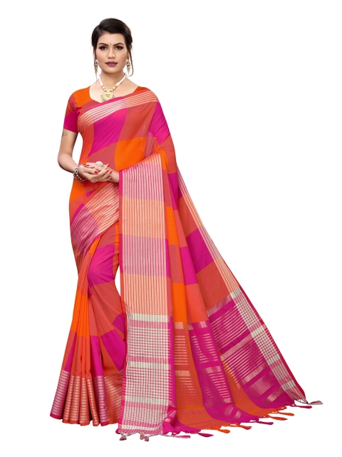 

MOKSHA DESIGNS Magenta & Gold-Toned Checked Zari Pure Cotton Saree