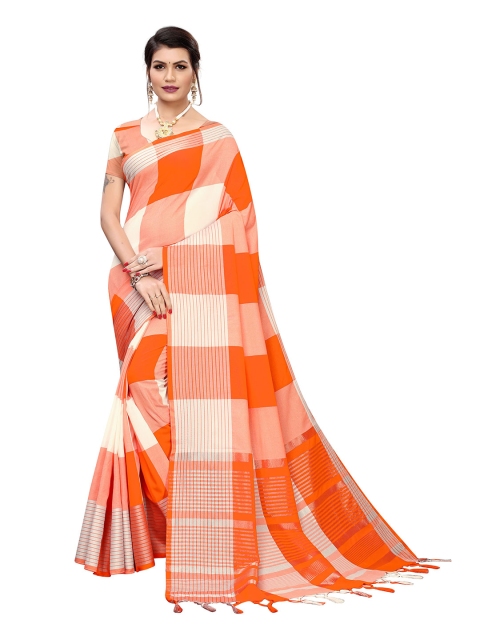 

MOKSHA DESIGNS Orange & Cream-Coloured Checked Zari Pure Cotton Saree