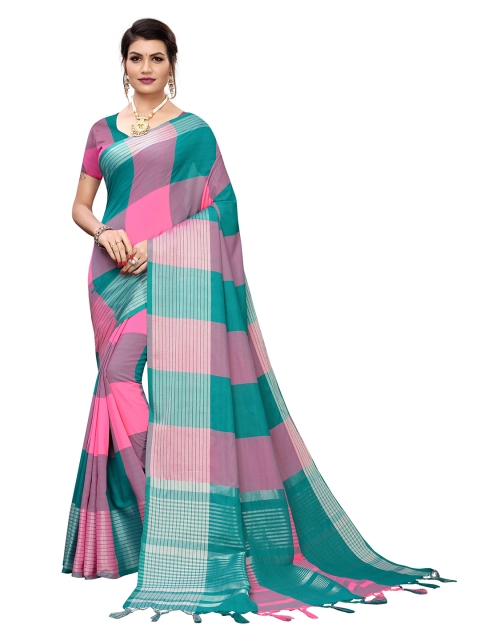 

MOKSHA DESIGNS Teal & Pink Checked Zari Pure Cotton Saree