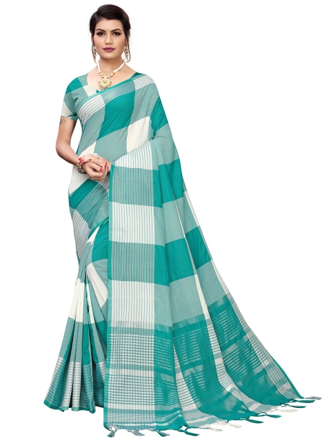 

MOKSHA DESIGNS White & Green Checked Zari Pure Cotton Saree