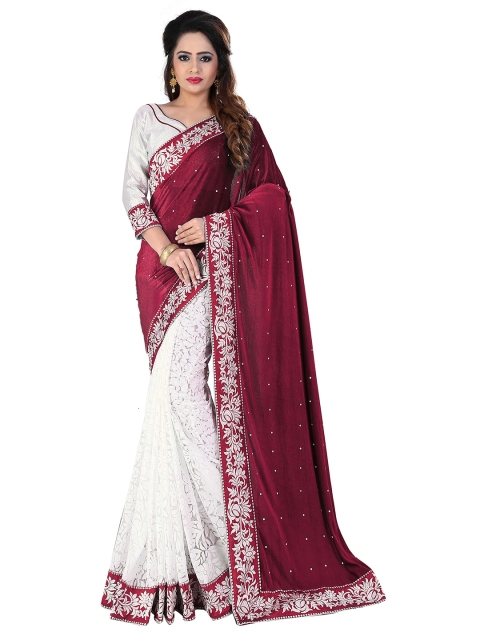 

MOKSHA DESIGNS Maroon & White Embellished Beads and Stones Velvet Saree