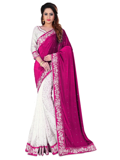 

MOKSHA DESIGNS Pink & White Embellished Velvet Saree