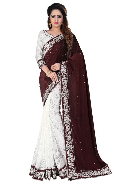 

MOKSHA DESIGNS Brown & White Embellished Beads and Stones Velvet Saree