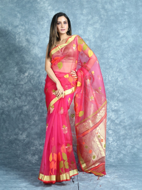 

Arhi Pink & Gold-Toned Woven Design Zari Pure Silk Saree