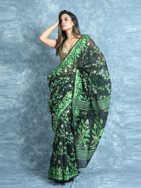 

Arhi Black & Green Woven Design Silk Cotton Jamdani Saree