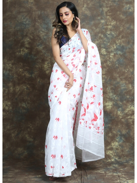

Arhi White & Red Woven Design Zari Silk Cotton Jamdani Saree