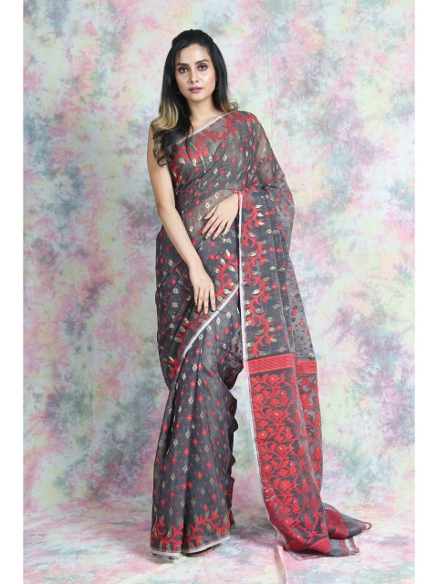 

Arhi Women Grey & Red Woven Design Silk Cotton Jamdani Saree