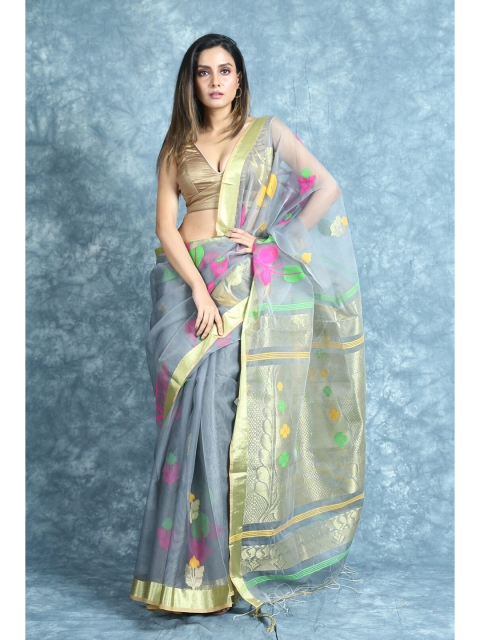 

Arhi Grey & Pink Woven Design Zari Pure Silk Saree