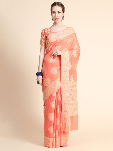 

BAHUJI Orange Woven Design Embroidered Art Silk Banarasi Saree