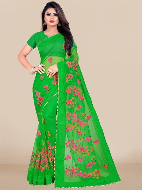 

JSItaliya Green & Pink Floral Embroidered Net Saree