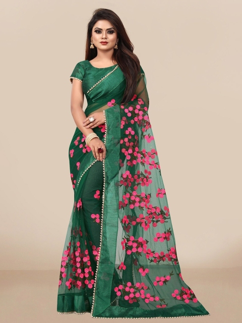 

JSItaliya Green & Pink Floral Embroidered Net Saree