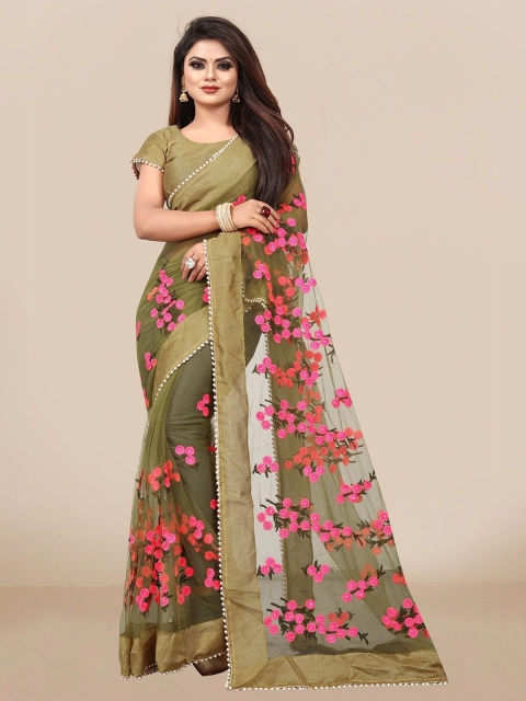 

JSItaliya Olive Green & Pink Floral Embroidered Net Saree