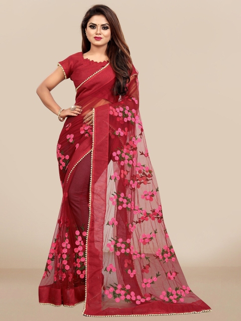

JSItaliya Maroon & Pink Floral Embroidered Saree