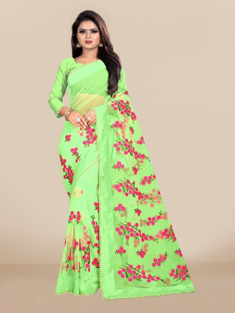 

JSItaliya Fluorescent Green & Pink Floral Embroidered Saree