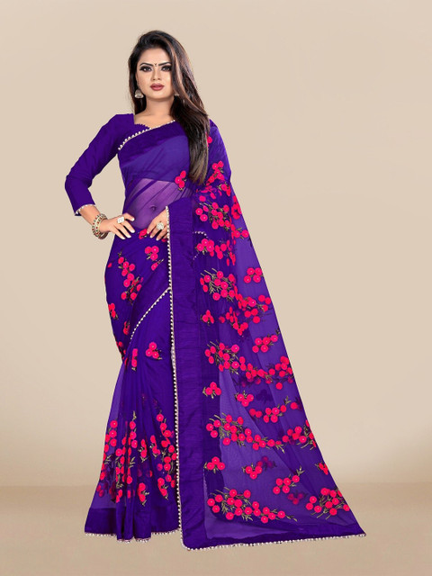 

JSItaliya Purple & Pink Embellished Embroidered Net Saree