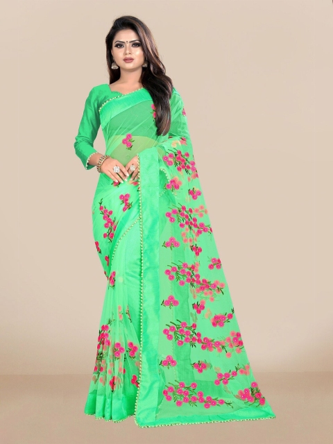 

JSItaliya Green & Pink Floral Embroidered Net Saree