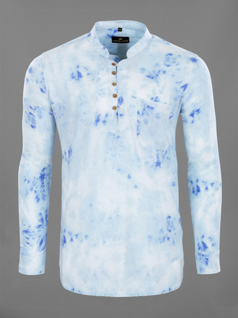 

FRENCH CROWN Men Blue Sky Patterned Tie Dye Tencel Beach Kurta Shirt