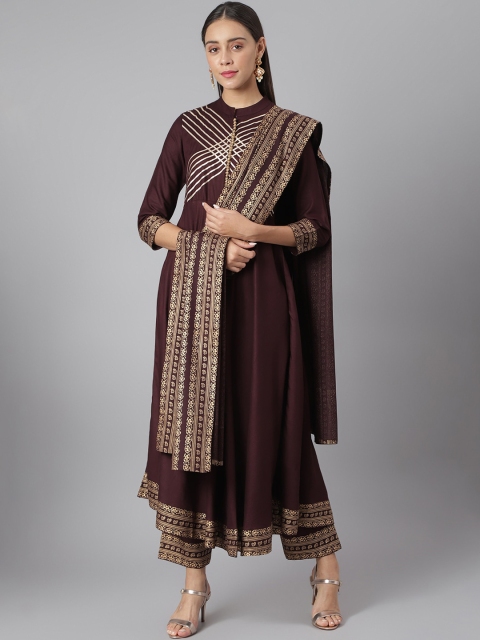 

Khushal K Women Coffee Brown Yoke Design Layered Kurta with Skirt & With Dupatta