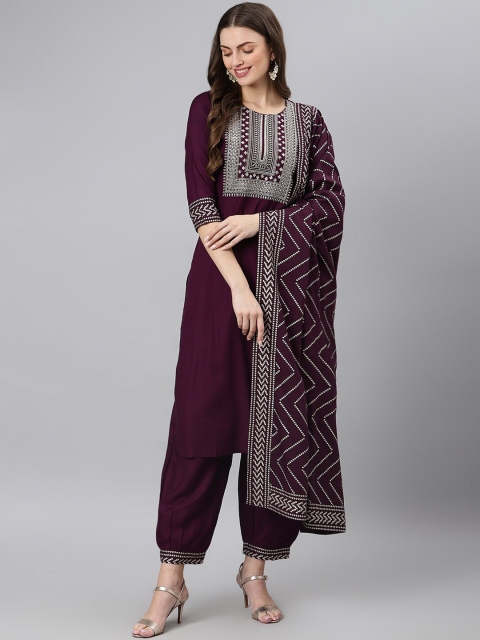 

Khushal K Women Purple and Silver Toned Yoke Design Kurta with Trousers with Dupatta