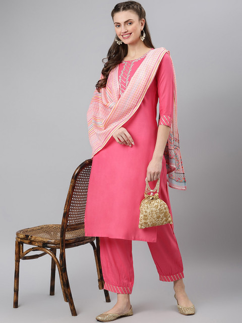 

Khushal K Women Pink Ethnic Motifs Yoke Design Kurti with Trousers