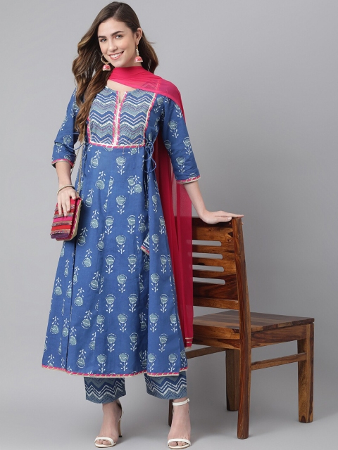 

Khushal K Women Blue Ethnic Motifs Yoke Design Pure Cotton Kurta with Trousers & With Dupatta