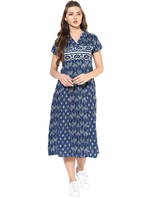 

Sringam Women Blue & White Printed Midi A-Line Dress