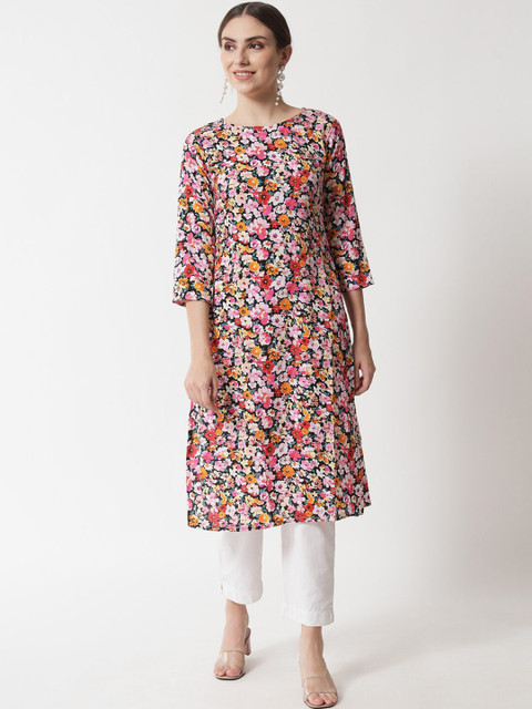 

VAANI CREATION Women Pink & Orange Floral Printed Floral Crepe Kurta