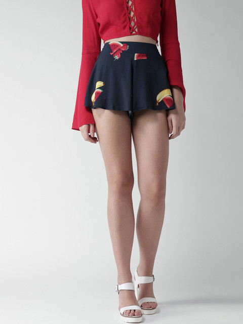 

FOREVER 21 Women Navy Printed Regular Shorts, Navy blue