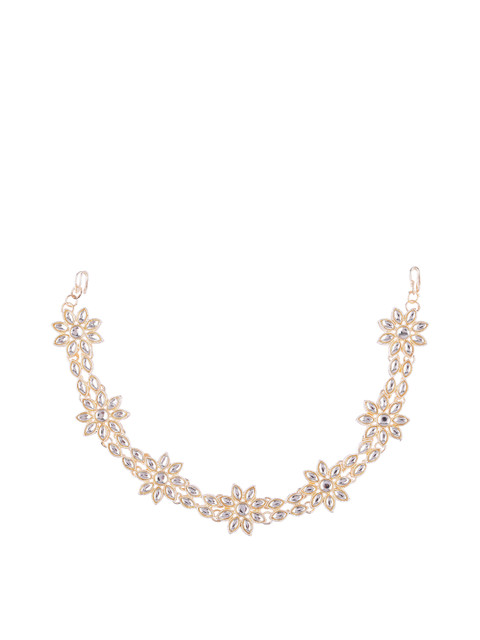 

FEMMIBELLA Gold-Plated Pearls & Kundan Studded Sheeshphool Mathapatti Head Jewellery