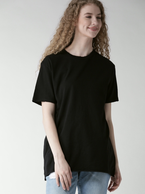 

FOREVER 21 Women Black Solid Round Neck Pure Cotton T-shirt