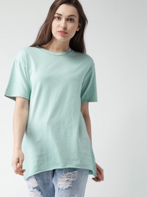 

FOREVER 21 Women Sea Green Solid Round Neck T-shirt