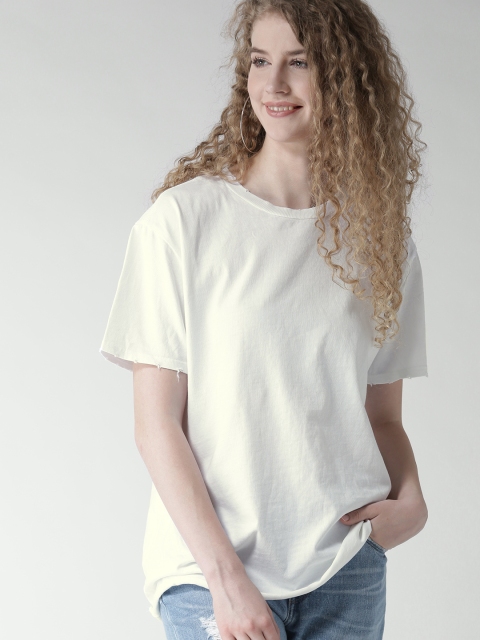 

FOREVER 21 Women Off-White Solid Round Neck Pure Cotton T-shirt
