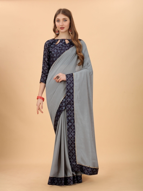

GUNVANTI FAB Grey & Navy Blue Embroidered Silk Blend Banarasi Saree