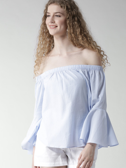 

FOREVER 21 Women Blue & White Striped Bardot Pure Cotton Top