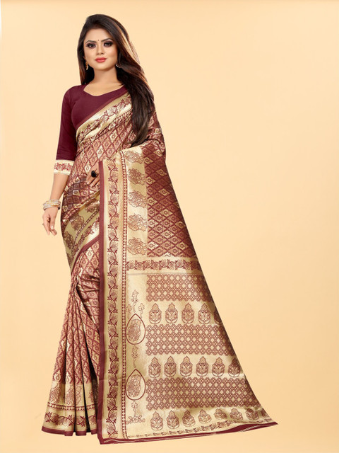 

Hinayat Fashion Maroon & Gold-Toned Woven Design Zari Silk Blend Banarasi Saree