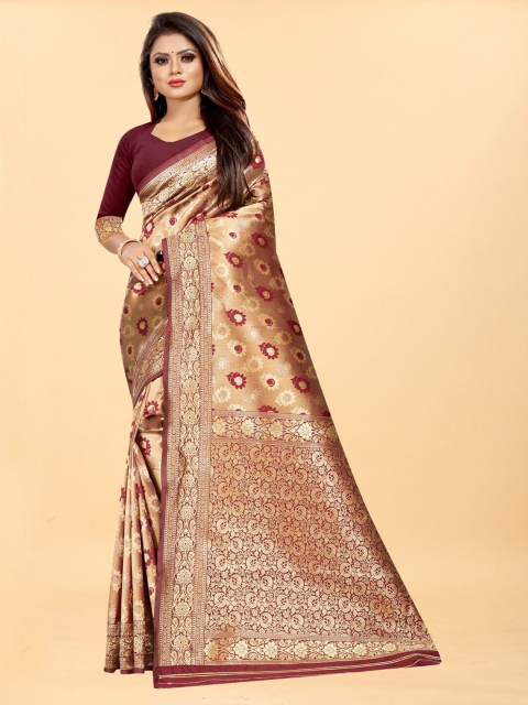 

Hinayat Fashion Maroon & Gold-Toned Woven Design Zari Silk Blend Banarasi Saree