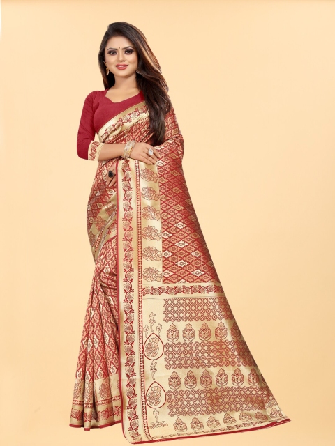 

Hinayat Fashion Red & Gold-Toned Woven Design Zari Silk Blend Banarasi Saree