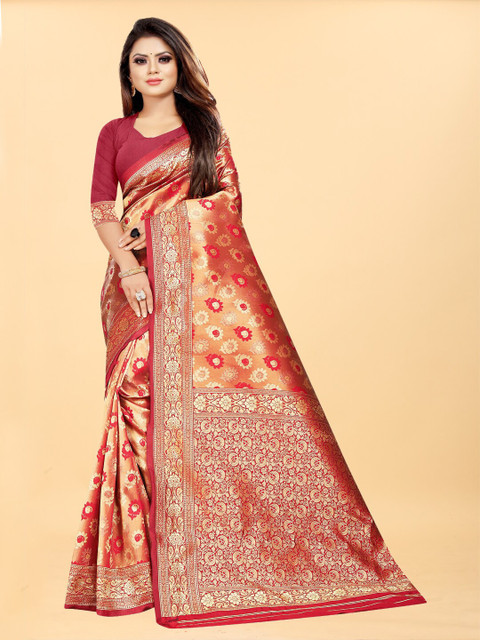 

Hinayat Fashion Red & Gold-Toned Floral Zari Silk Blend Banarasi Saree